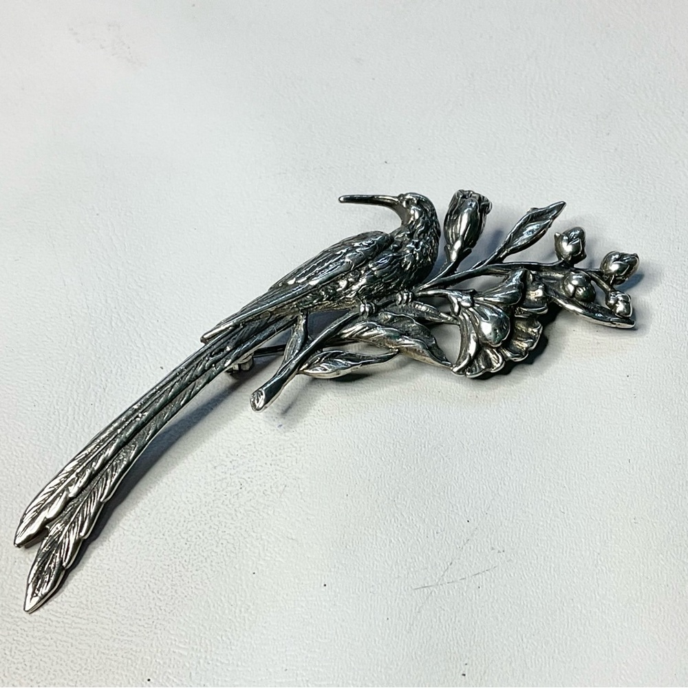 Vintage Sterling Silver Bird Flowers Long Brooch Pin Nouveau Look